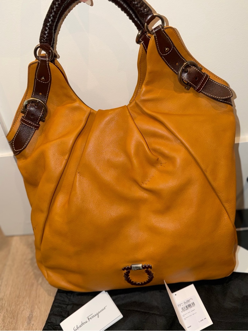 Salvatore Ferragamo Tan Leather Hobo Bag with Dark Brown Trim - Picture 9 of 14